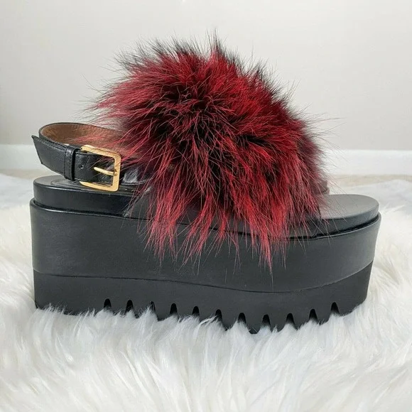 Sergio Rossi Fur Platform Wedge Slingback Sandal - Picture 2 of 12